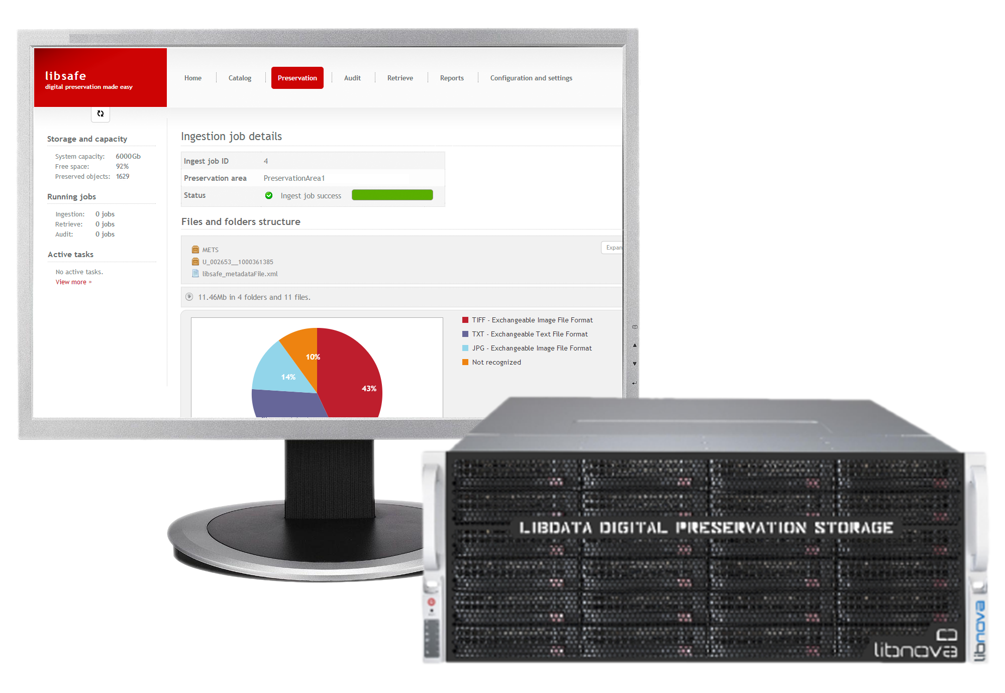 Imagen de la plataforma de preservación digital libsafe (software) y libdata (cabina de almacenamiento)