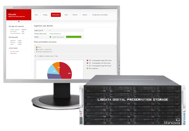 Imagen de la plataforma de preservación digital libsafe (software) y libdata (cabina de almacenamiento)